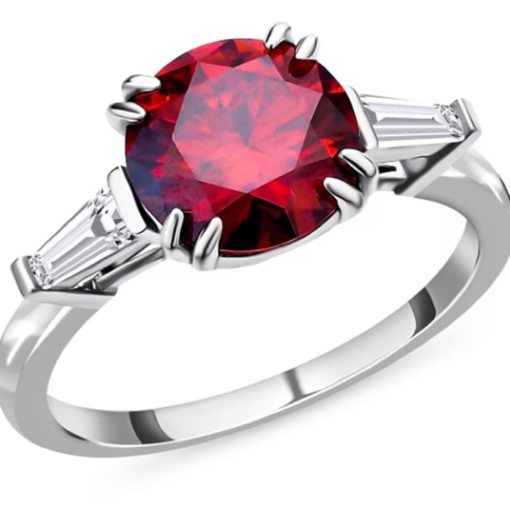 Elegant Red moissonite Gemstone rhodium plated sterling Silver Ring 2.4 cwt